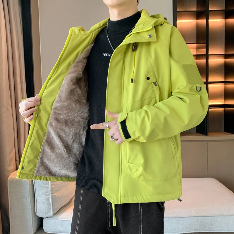 Faux Fur Lined Jacket for Men Autumn Winter Waterproof Windbreaker Jacket Fleece Liner Hooded Zip Up Jackets Men Clothing 251028