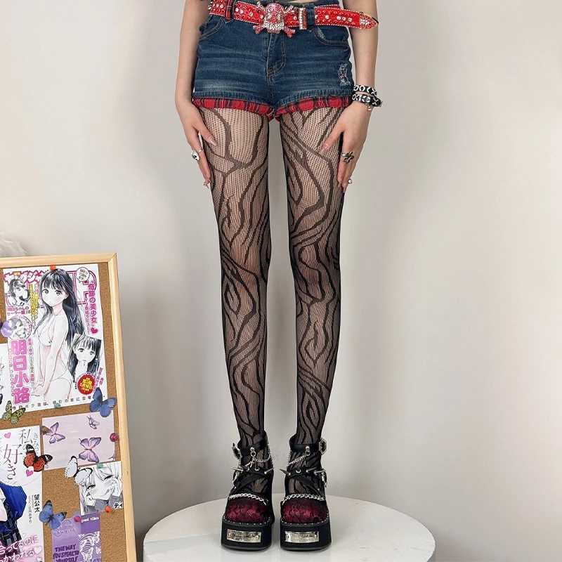 Y2K Style Fishnet Stockings Women Striped High Waist Fishnet Tights 2025 Summer Fishnet Hollow Floral Thigh High Pantyhose R251030
