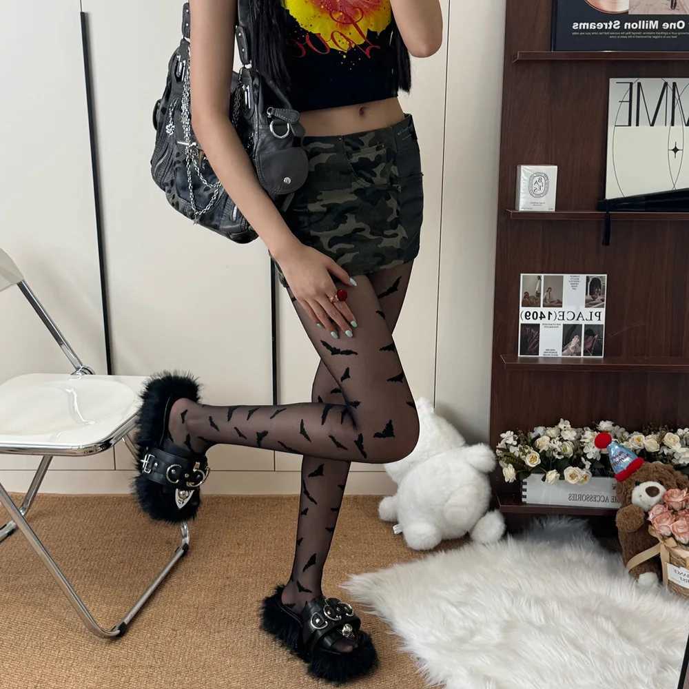 Halloween Women Personality Tights Black Bat Pattern Gothic Pantyhose 15D Sexy Long Hosiery Y2K R251030