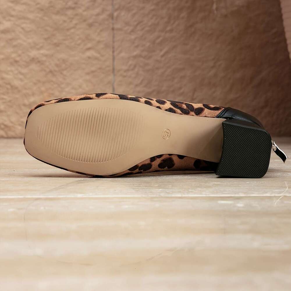 Women's Leopard Print Mid-Calf Boots With Block Heel, Square Toe Zip Closure - Dress Ocn Flannel And PU Upper, Fabric Lining, TPU Sole, High Heel