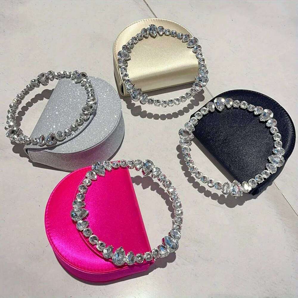 Women's Evening Bags Satin Black Clutch Bag , Crystal-Embellished Chain Strap Shoulder Bag Chic Luxe Party Clutch