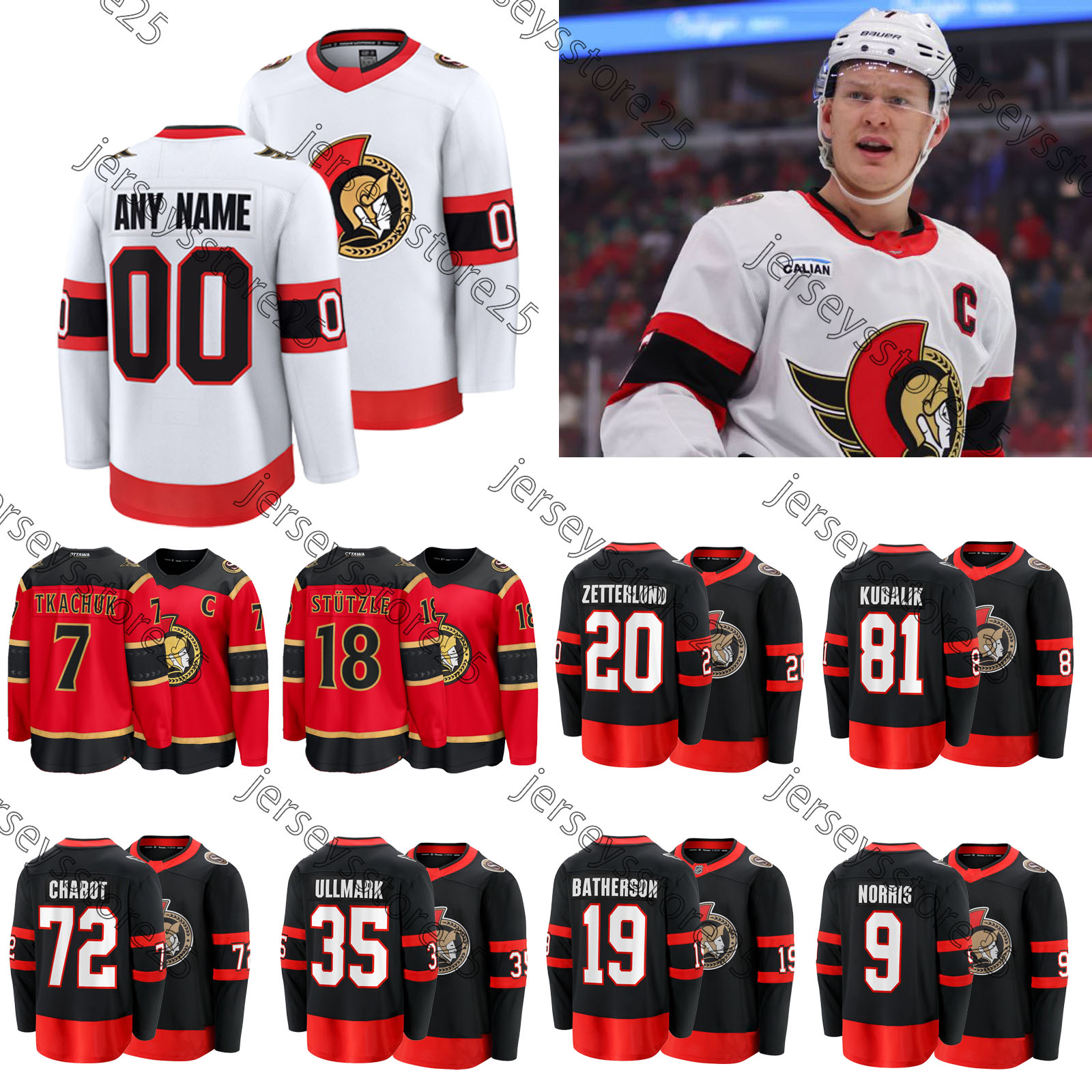 Brady Tkachuk hockey jersey Senators Linus Ullmark Tim Stutzle Thomas Chabot Jake Sanderson Claude Giroux David Perron Nick Cousins Lars Elle Nick Jense jerseys