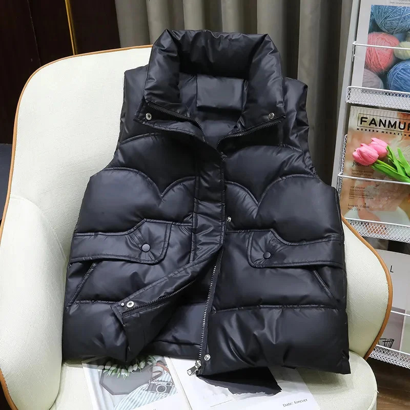 Down Cotton Vest Women 2025 Autumn Winter Fashion Stand Collar AllMatch Warm Sleeveless Waistcoat Jacket Ladies Female Tops 251029