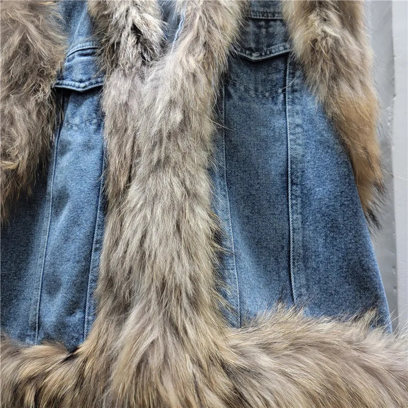 ANJY 2025 Autumn Winter Women European Fashionable Denim Patchwork Fur Jacket Vest Trendy Street Sleeveless Waistcoat A13523 251029