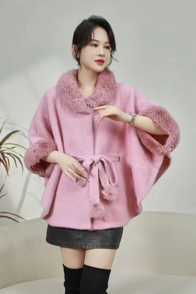 3 Colors Women Fur Cashmere Cardigan Button Loose Coat Winter Warm Woolen Poncho Cape Batwing Sleeves Overcoat With Ball Belt 251029