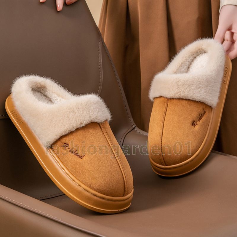 Winter Plush Cotton Slippers Warm Couples Slides Soft Comfortable Flats Non-Slip Brown Gray Pink Unisex House Shoes Size 36-41