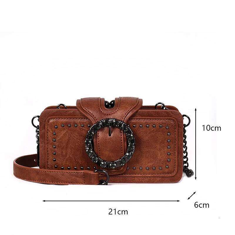 Vintage Round Rhinestone Buckle Shoulder Bag,Fashion Punk Design Top-handle Crossbody Bag, Popular Rivets Decor Purse For Women