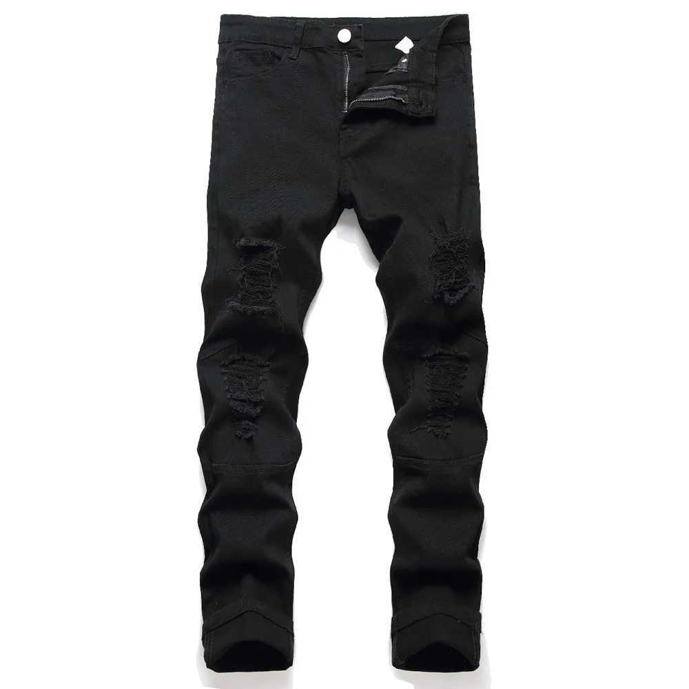 Men Black Stretch Skinny Fit Pencil Jeans Trousers Knee Ripped Distressed Motorcycle Biker Jeans Pants For Mens J251030
