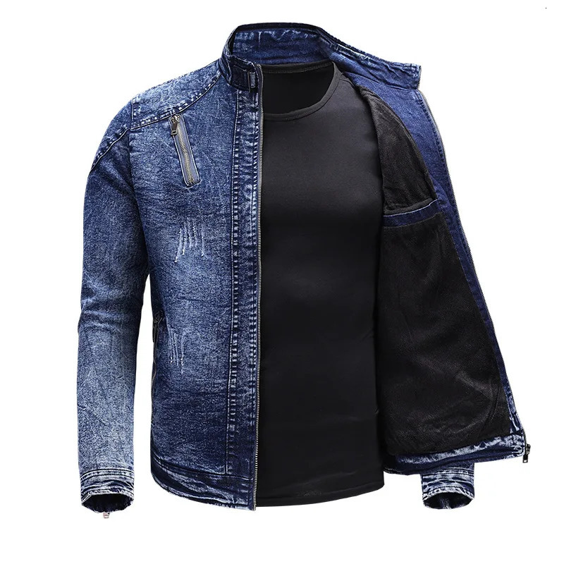 Motorcycle Denim Jacket Men Retro Zippers Stand Collar Coats Mens Cotton Slim Fit Moto Biker Outerwear 251029