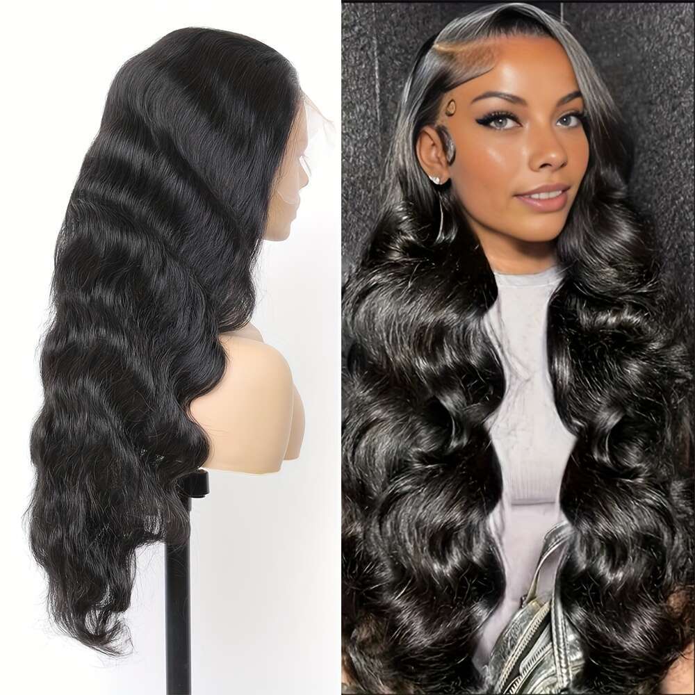 Women's 13X4 Transparent Pure Human Female Remy Brazilian Hair Pre-Drawn Body Wave Gel Free Wear And Go Lace Front Wig 200% Density Natural Black