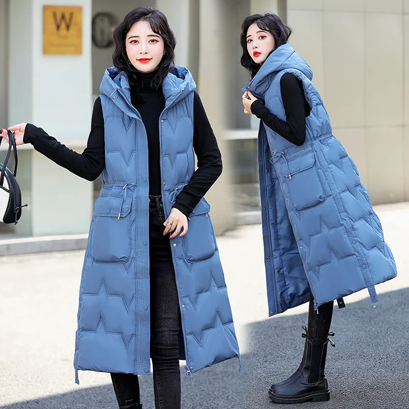 Autumn Winter Hooded Korean Version Womens Down Cotton Vest Coat Sleeveless Over The Knee Loose Lady Waistcoat Jacket 251024