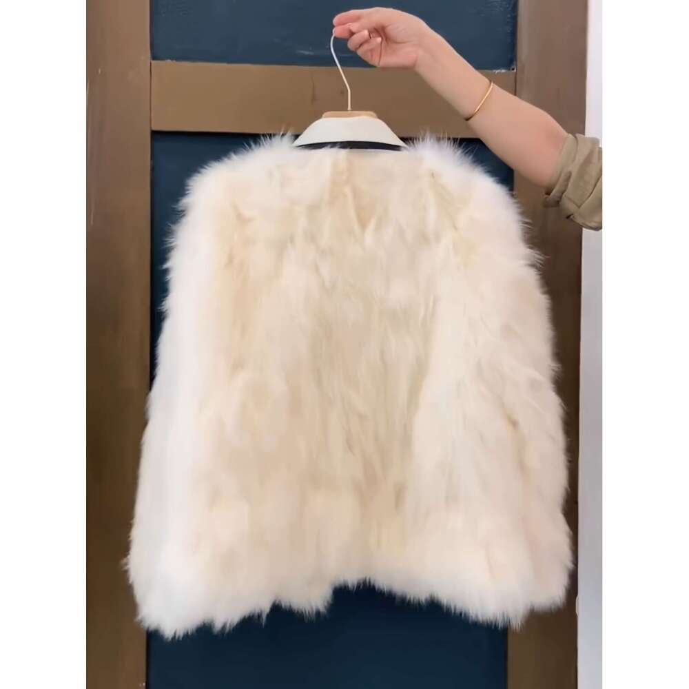 Women S Elegant Faux Fur Plush Thickened Jacket With Drop Shoulder Sleeves Single Breasted Button Front Contrast Trim Loose Fit Casual Chic Outerwear 