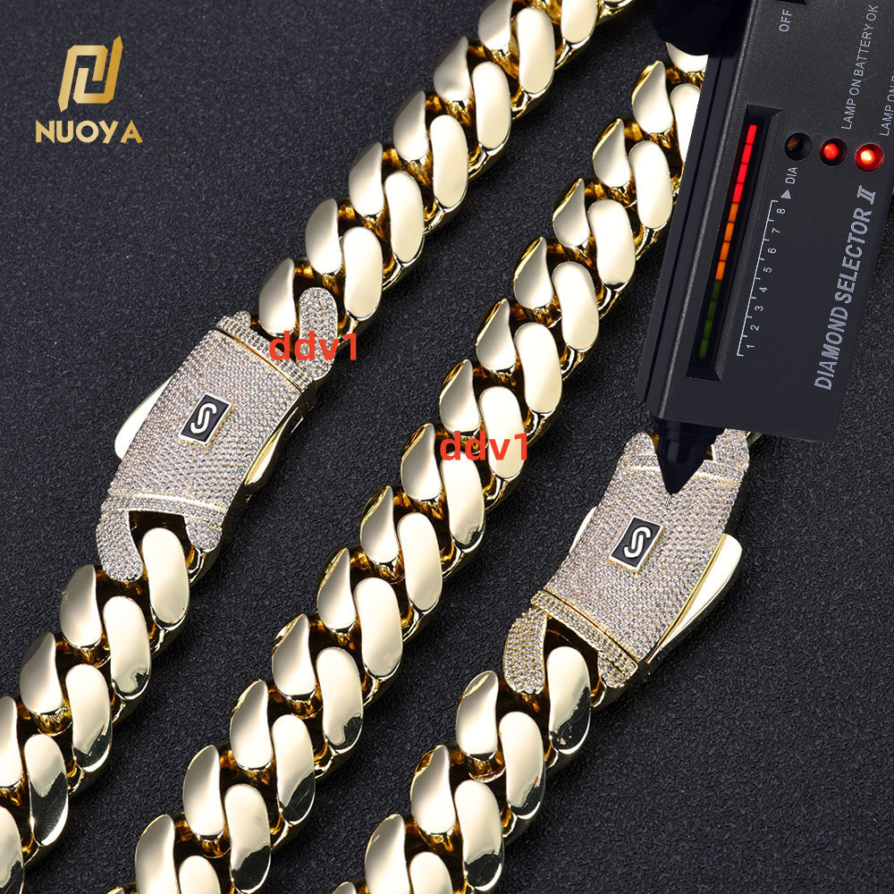 NUOYA High Quality 14K Monaco Chain 925 Silver Cuban Link Necklace Iced Out VVS Moissanite Clasp Smooth Cuban Chain Jewelry Designer's style