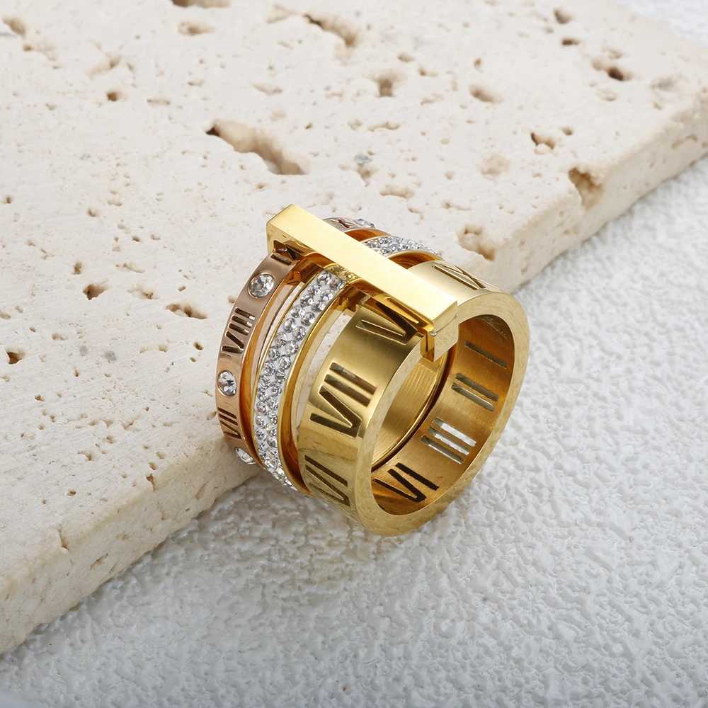 Three Layers Roman Numerals Ring for Women Luxury Stainless Steel Rotatable Crystal Finger Rings Female Wedding Trendy JewelryW251030