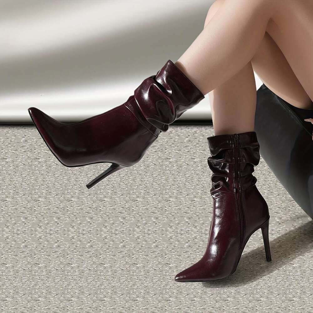 Women's Vintage Red Pointed-Toe Stiletto Mid-Calf Boots With Zipper Closure - PU Cover Rubber Sole, Ultra-High For Casual & Formal Ocns, All-Seas
