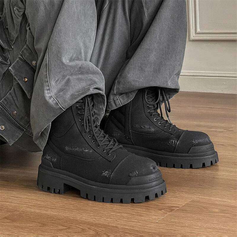 Autumn Winter High-top Motorcycle for Men Lace-up Do-the-old Thick Bottom Short Ankle with Zipper Man Black Boots