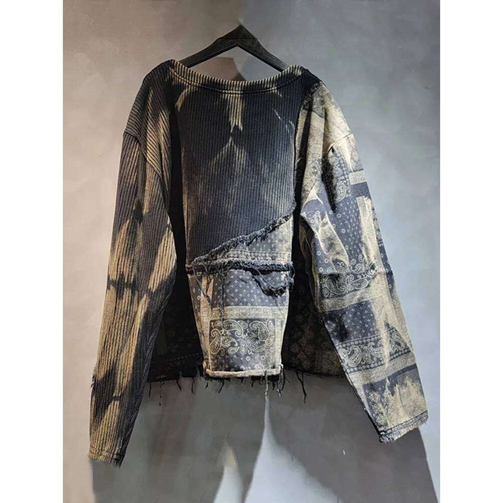 DEAT Women Pullover Knitted Distressed Tie-Dye Printed Black Vintage Tassel Long Sleeve Sweater Summer 2025 New Fashion 11A0969