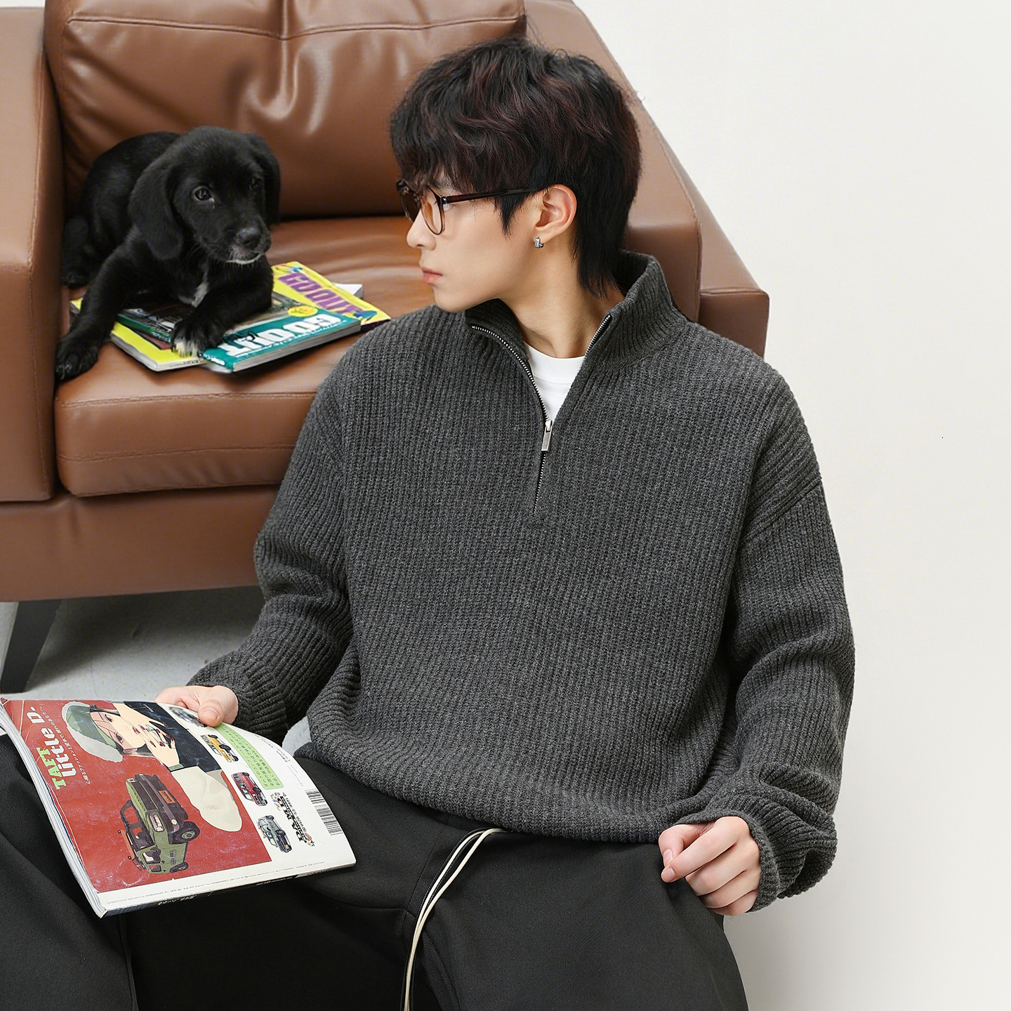 Half-zip Stand Collar Sweater For Men Autumn And Winter New Style Loose Texture Designer Sweater Imitation Deer Fur Lazy Style Warm Knitted Jacket