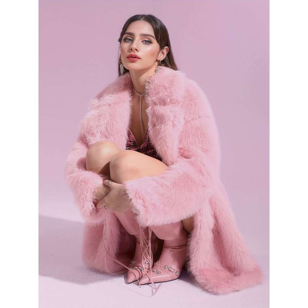 Faux Coat Women S Plus Size Faux Fur Coat Elegant Solid Color Polyester Long Sleeve Midi Coat With Lapel Collar Non Stretch Knit Fabric Fall Winter