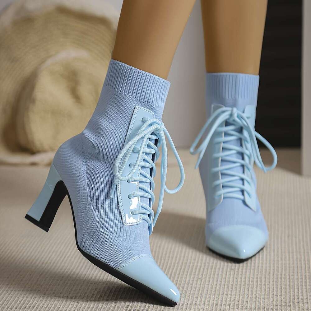 Women's Light Blue Pointed-Toe High-Heel Slip-On Chunky Heel Ankle Boots Elegant Fabric Upper With TPU Sole, Round Buckle Strap Low-Cut Design Fo
