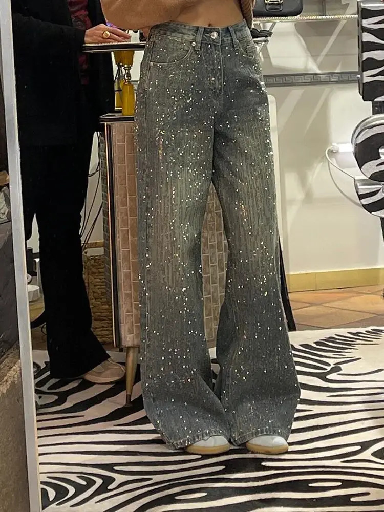 American Fashion Rhinestone Straight Leg Wide Jeans Trendy Vintage Loose Jeans Harajuku Style Hip Hop Pants Baggy Jeans Women 251029