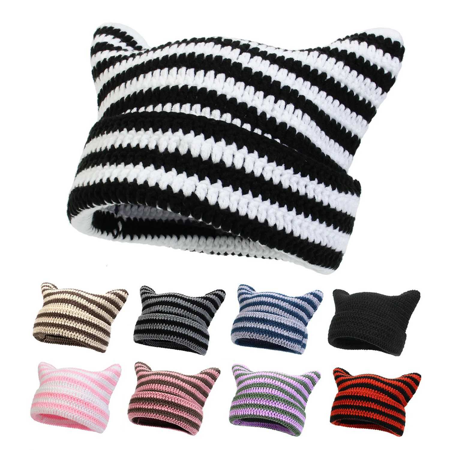 New Korean Style Handmade Crochet Acrylic Cat Ears Woman Winter Hat Striped Autumn Beanies Warm Soft Bonnet Skullies Cap GiftXJ251030