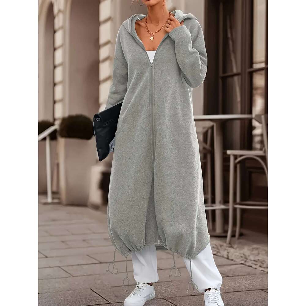 Women S Light Grey Oversized Full Zip Hooded Coat With Cursive Letter Back Print Mid Length Jacket Hine Washable Casual Outerwear Fall Layering