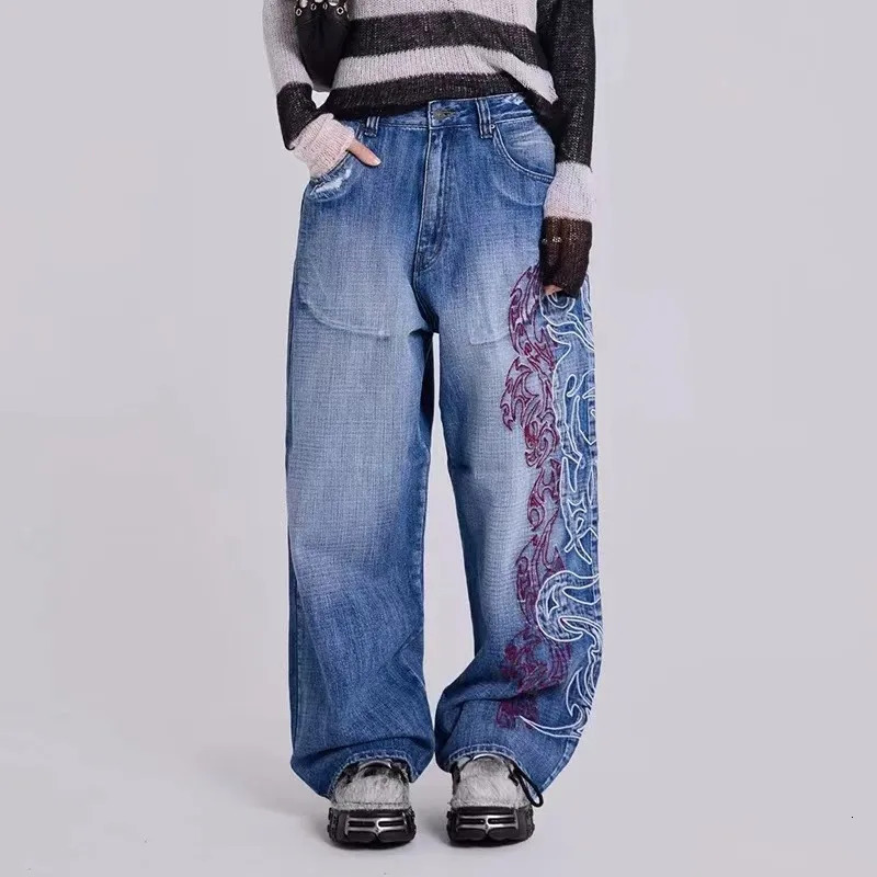 American Fashion Trend Old Pattern Embroidery Baggy Jeans Women Y2K Gothic Harajuku Casual High Waist Wide Leg Trousers 251029