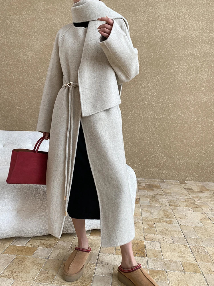EAM Gray With Scarf Big Size Long Woolen Coat Oneck Sleeve Women Jacket Fashion Autumn Winter 2025 1DH7777 251010