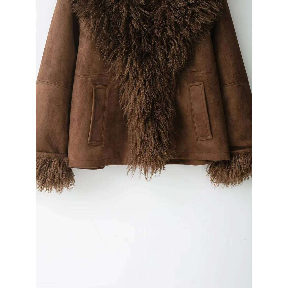Autumn New Product Women's Wear Melad Brown Double Sided Artificial Fur Effect Jacket Coat
