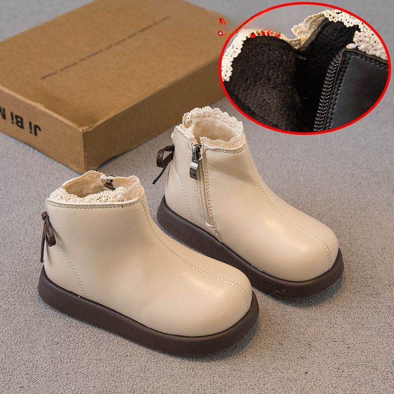 New fashionable girls' leather boots with wool lining, warm cotton boots, children's baby short boots, children's Martin boots, trendy 