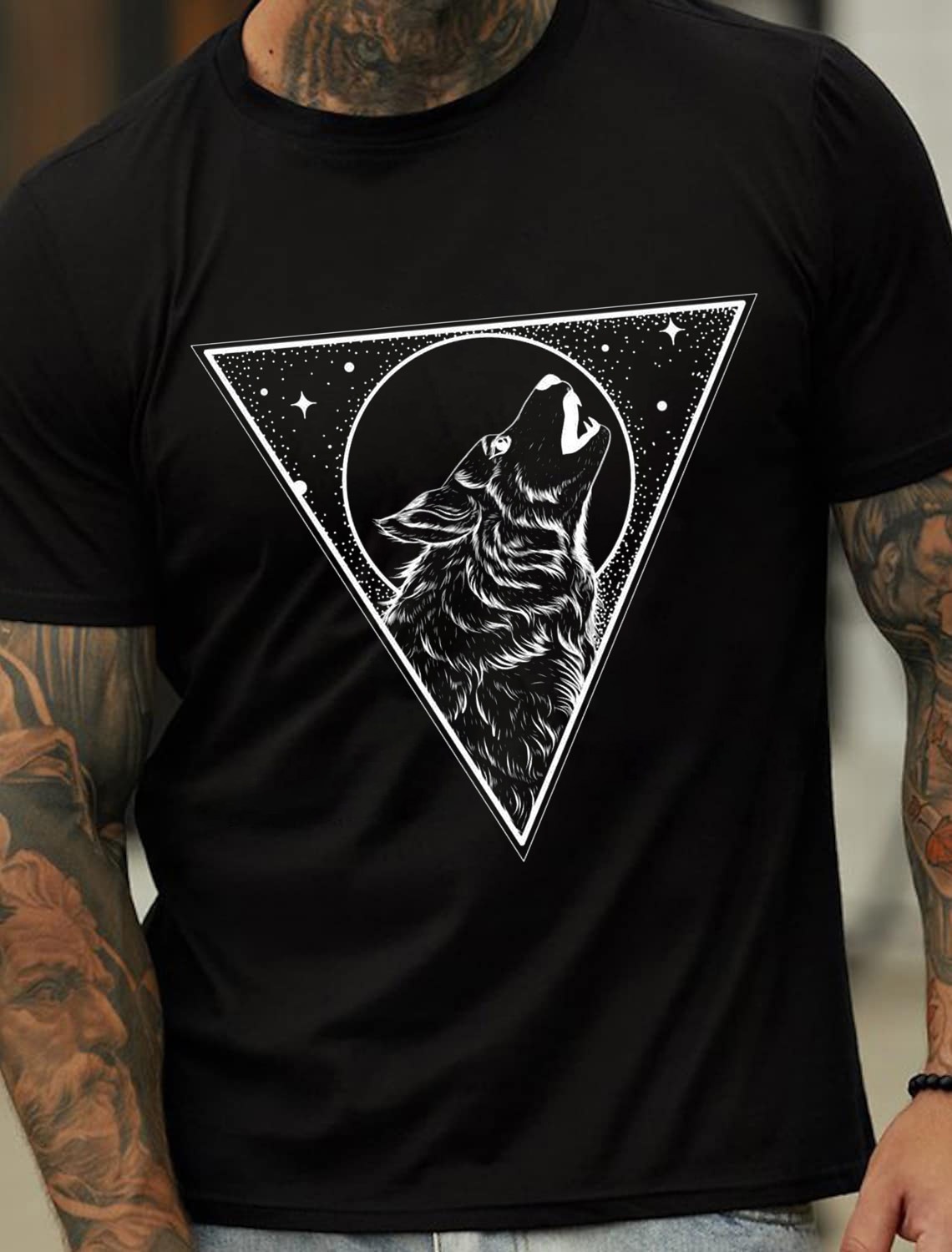 European & American Oversized Wolf Moon Print Men's Cotton Summer T-Shirt - TT7186