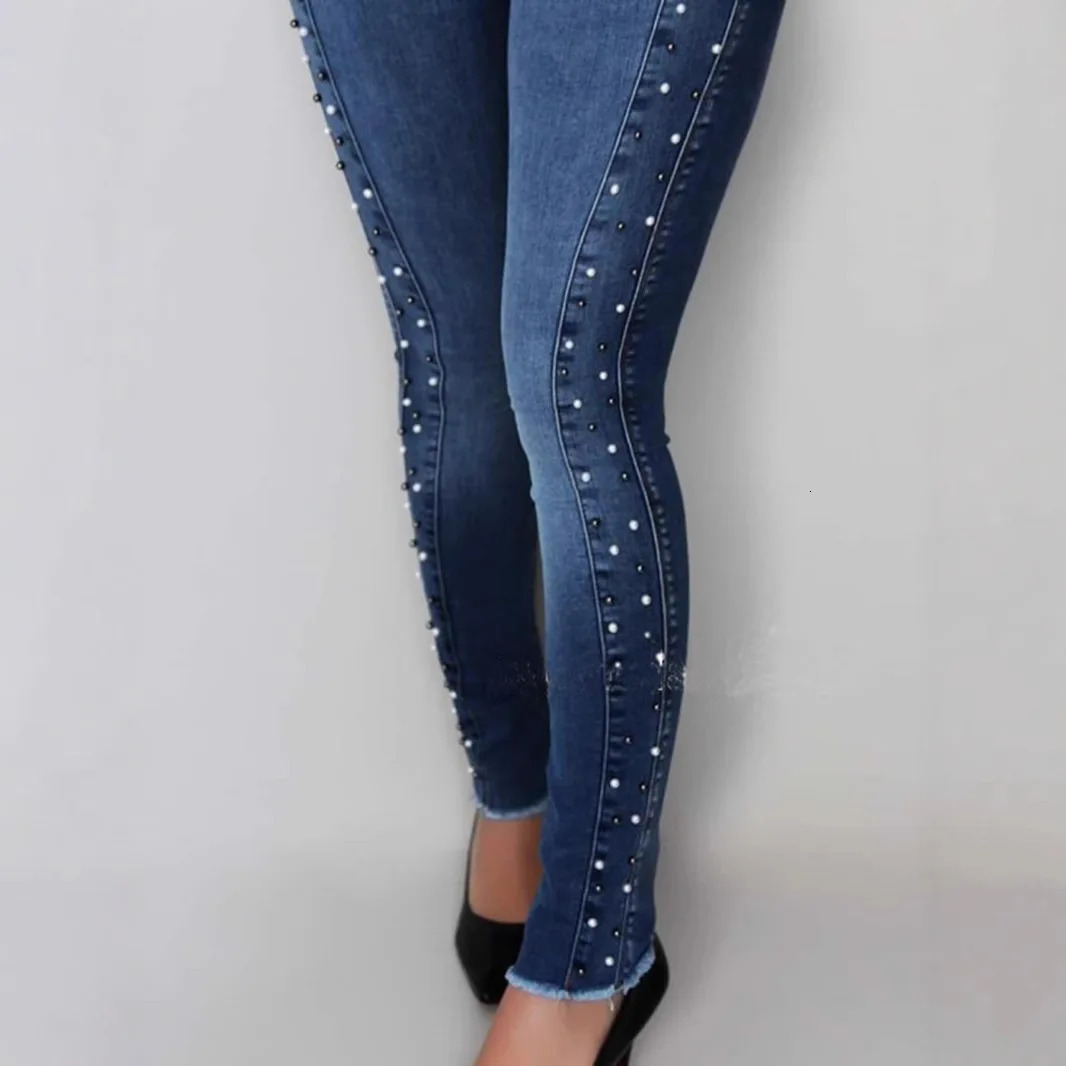 Slimming Hiplifting Highwaisted Smallleg Jeans Four Seasons Fashionable Diamondbeaded Casual Pencil Jeans for Women 251029