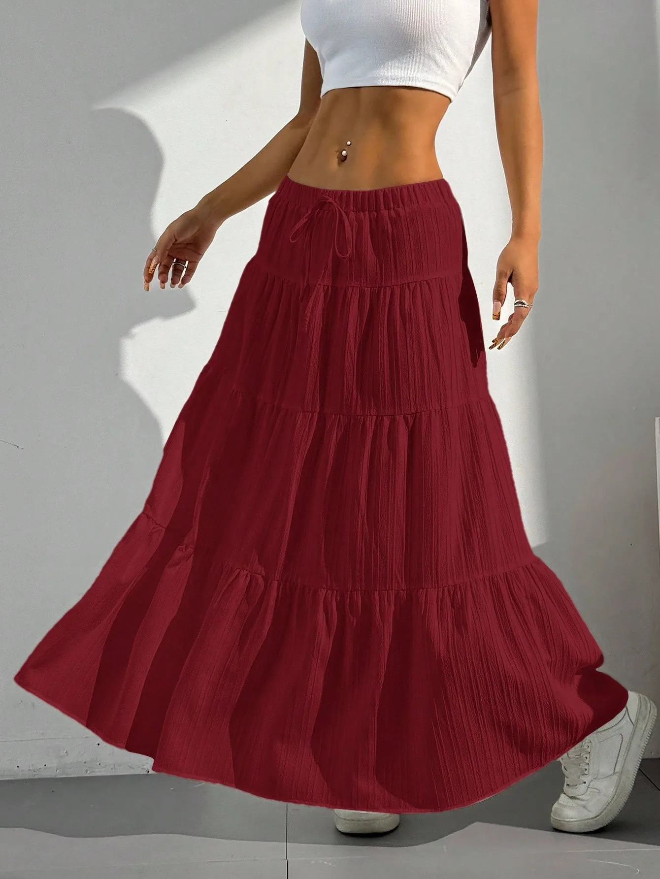 Fashion Women Loose Long Skirts White Solid Basic Lace Up Bow 2025 Spring Summer Cake Dress Casual Sweet Office Lady Clothes 251028