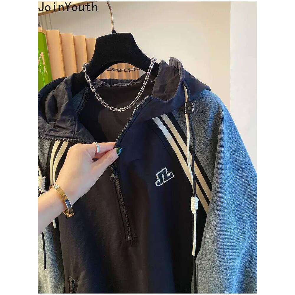 Oversized Sweatshirts For Women Patchwork Denim Streetwear Y2k Tops 2025 Ropa Mujer Hooded Contrast Color Vintage Hoodies