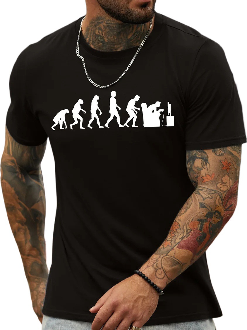 European & American Oversized Men's Gaming Evolution Funny Graphic Print Cotton Casual Text T-Shirt - TT7306