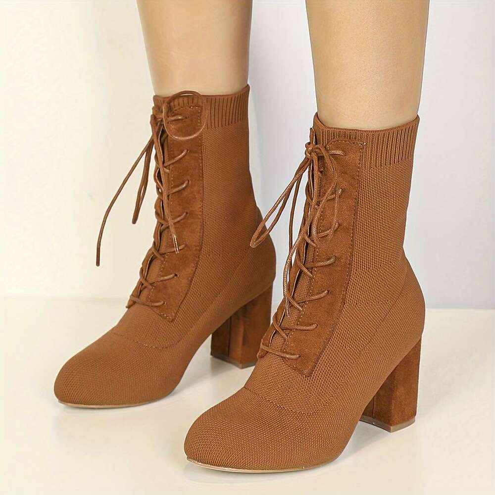 Women's High Heeled With Heels Fly Woven Uppers, Tied Straps, Thick Heels, Round Toe, Midsole Boots Are Fashionable And Suitable For Daily Wear