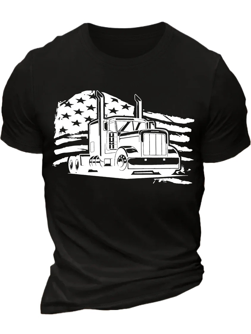 European & American Oversized Men's Flag Trucker Funny Crew Neck Casual Cotton Letter T-Shirt - TT7381