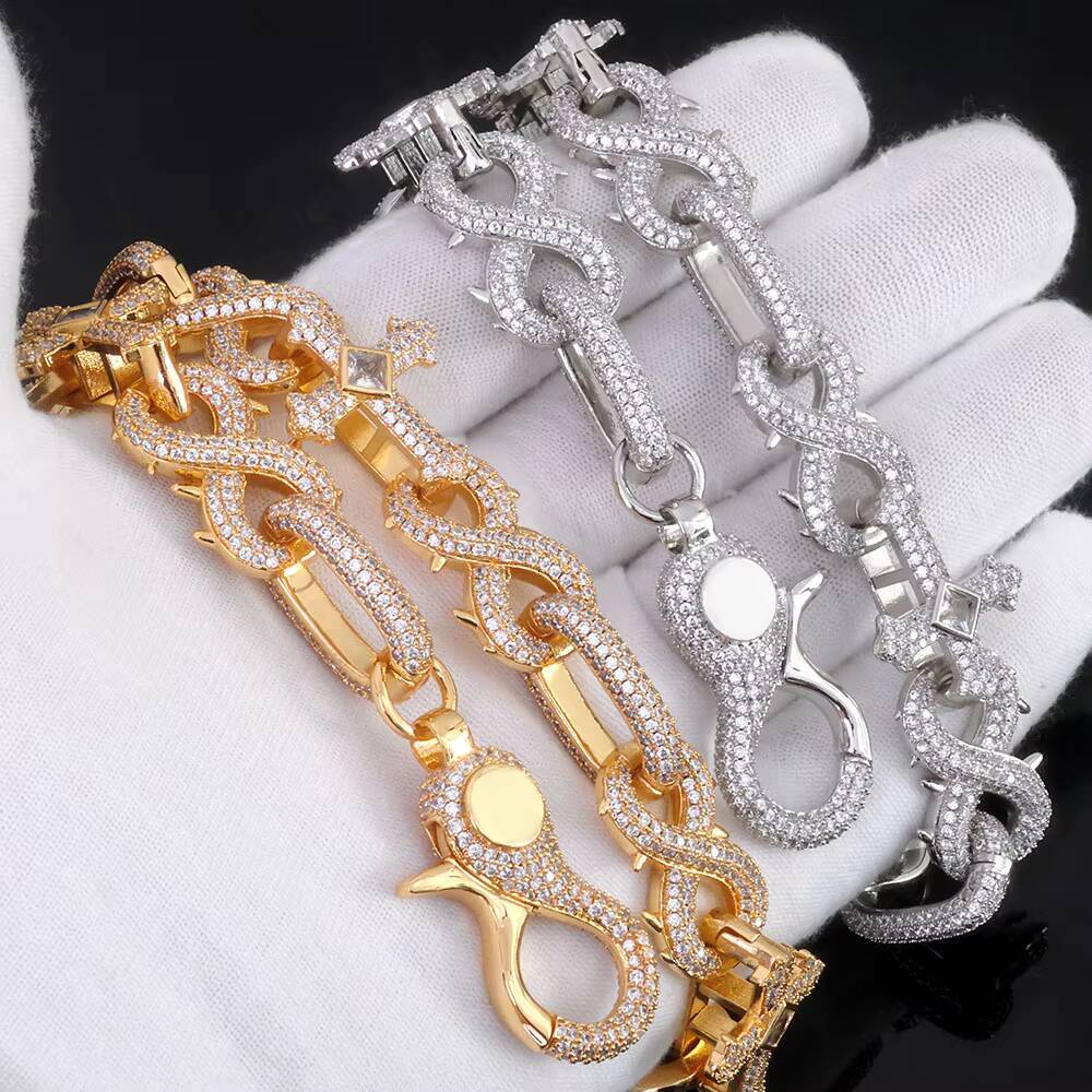 NUOYA Luxury Silver Plated Hip Hop Pants Chain Shiny Diamond Cross Micro Pave moissanite Spike Infinity Design Chain Jewelry Designer's style