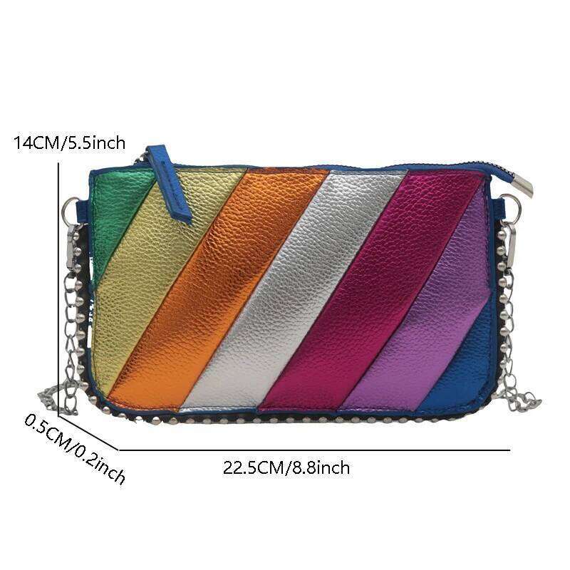 Rivet Shoulder Contrast Rainbow Splice Crossbody Designer Handbag Fashion Trend Colorful Flap Women's Twill Chain Bag