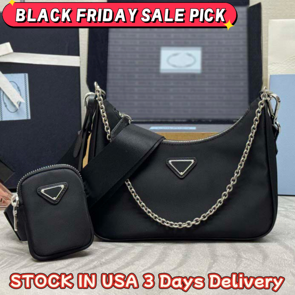 Designer Bag Shoulder Bag 2005 Luxury Bag Three in One Nylon Material Zipper Closure Canvas Wide Shoulder & Chain Strap With Small Bag Women's Crossbody Mini Black Bag