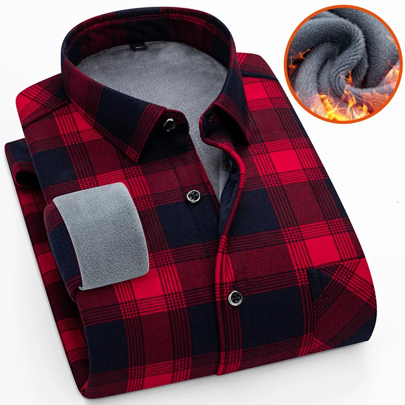 Autumn Winter Thicken Fleece Shirt Men Business Plaid Long Sleeve Warm Clothes Turn Down Collar Button Up Shirts Classic 251029