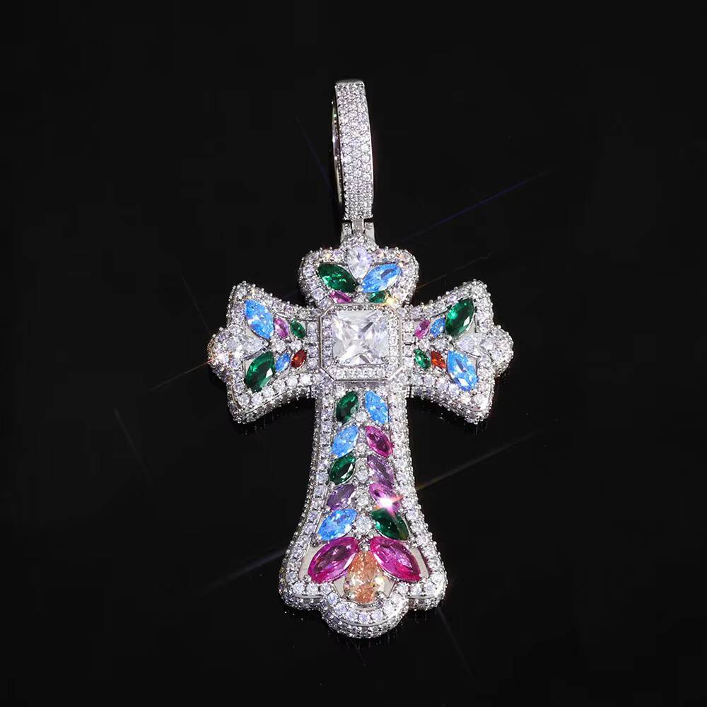 NUOYA Custom Colorful Cross Pendant Large Baguette moissanite Diamond Iced Out Charm Pendant Hip Hop Jewelry for Men and Women Gift Designer's st