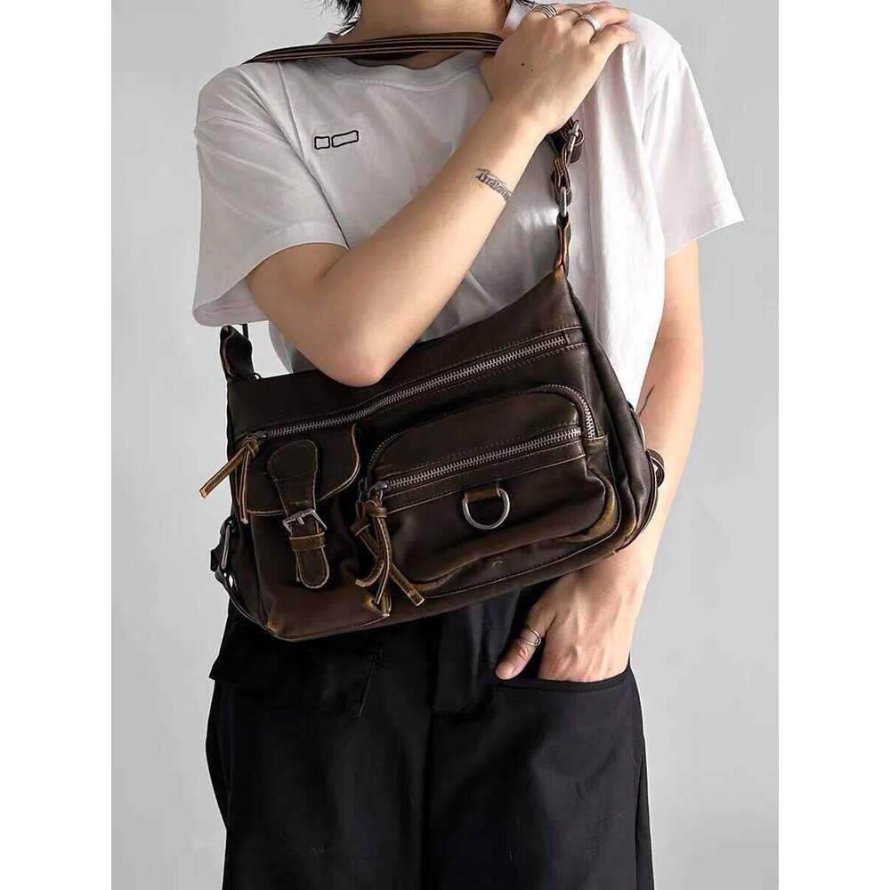 Vintage Multiple Pockets Women Shoulder Bags Washed Leather Crossbody Retro Motorcycle Bag Y2K Sac for Girls