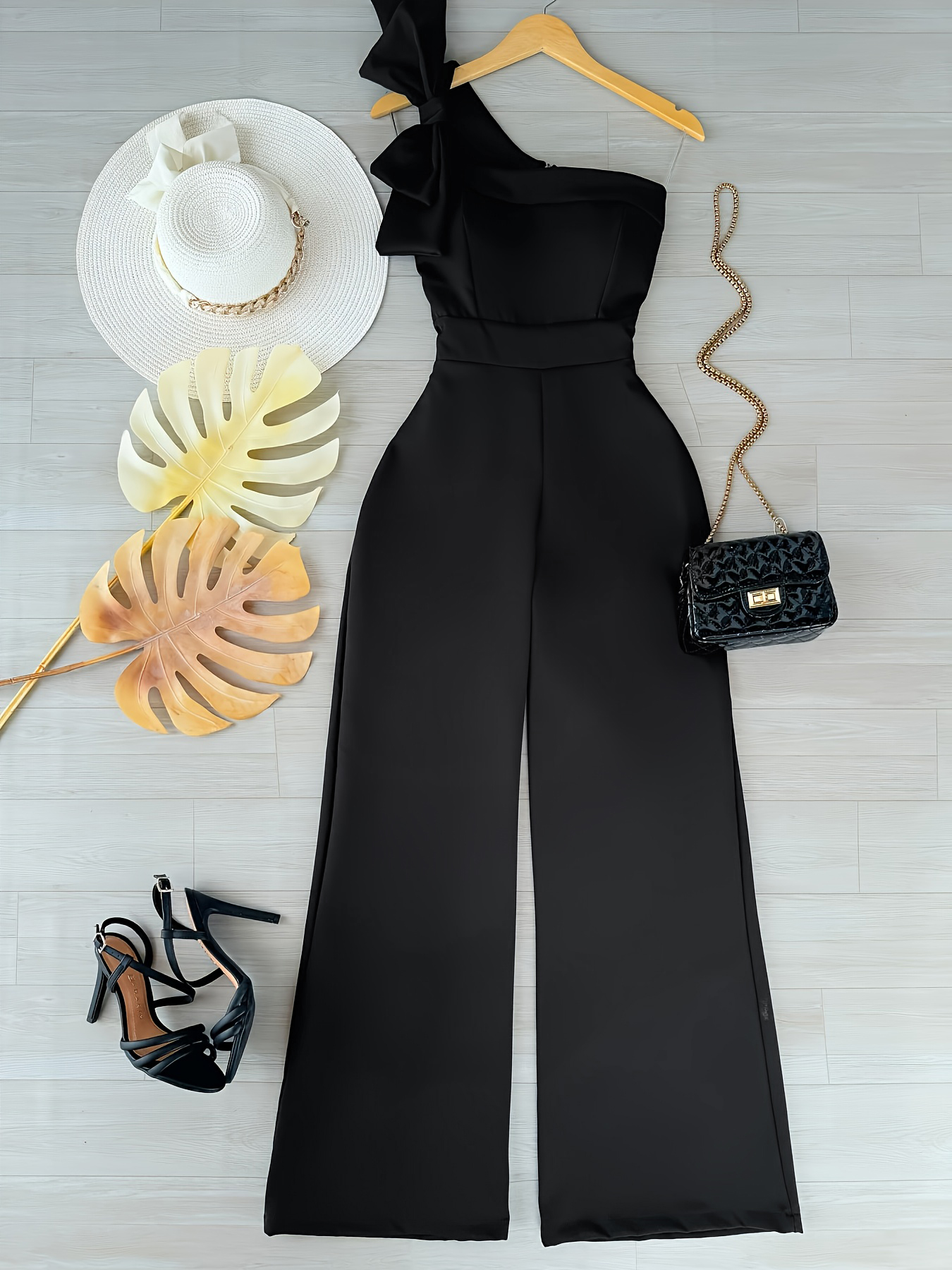 One Shoulder Womens Polyester Jumpsuit - Black/Bright Steel Blue with Comfortable Fit--1762