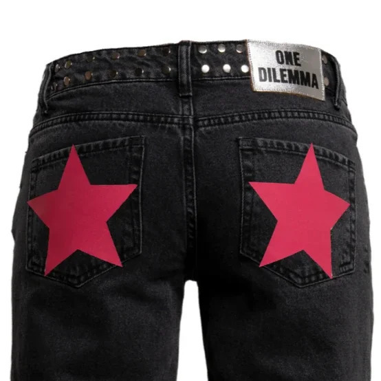 ONE DILEMMA American Fashion Jeans Womens Red Five Pointed Star Sequined Rivet Baggy Jeans Y2K Casual Mid Rise Slim Trousers 251029