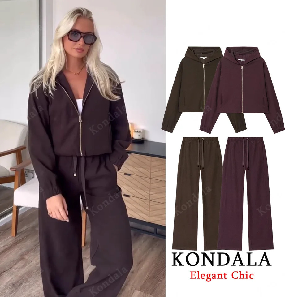 KONDALA Women Fall Casual Pant Set Hooded Pilot Jacket Drawstring Pants SpringAutumn Elegant Energetic Female Pant Set 251029