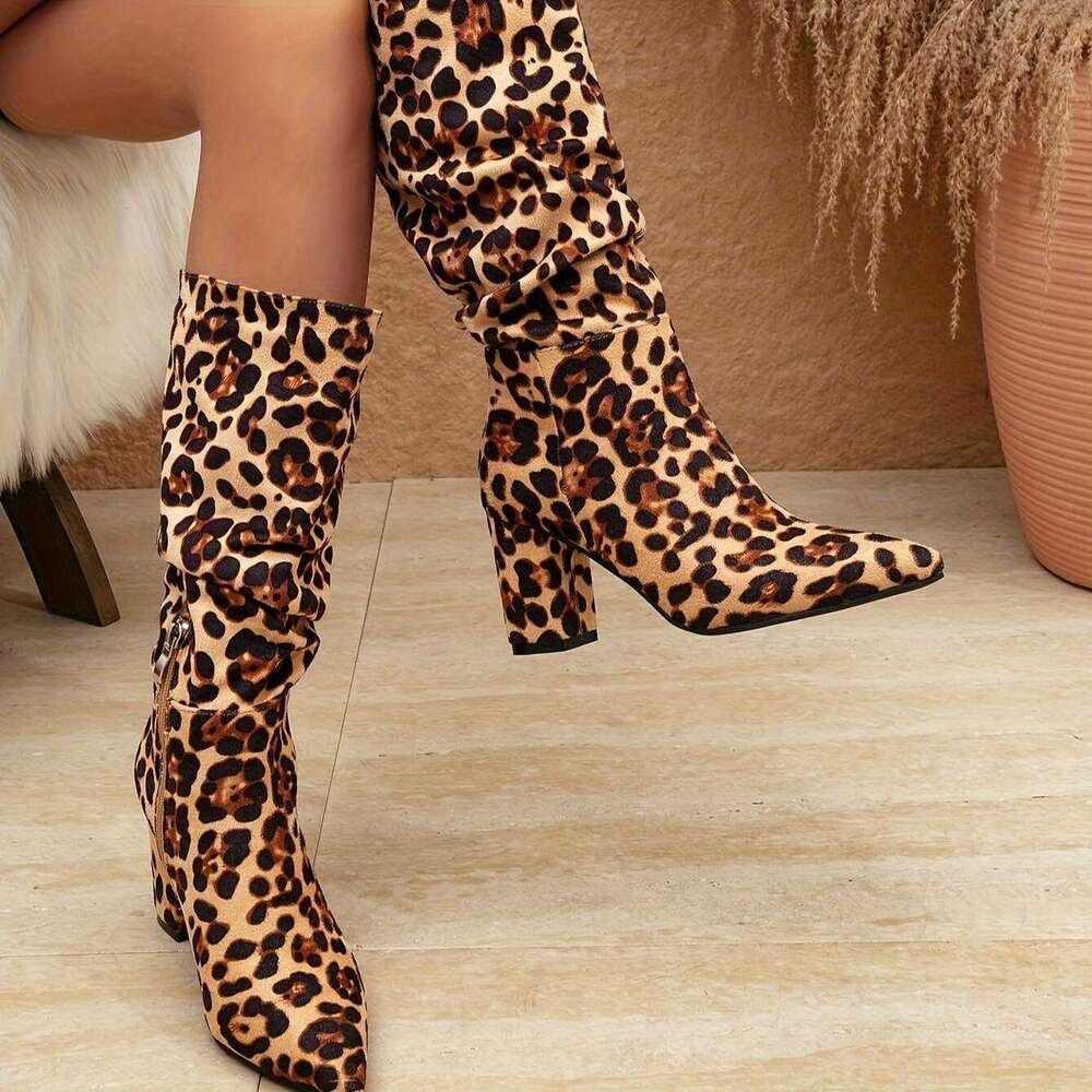 Women's Heel Boots With Leopard Print, Pointed Toe, Block Zipper Closure, Winter All-Season, Flannel Upper, Mesh Inner, Rubber Sole, High Heel, H