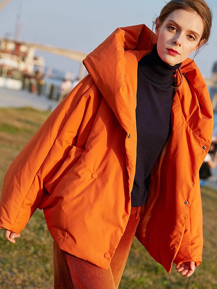 Winter Hooded Long Sleeve Warm Coats Parkas Fashion Loose Fluffy Orange Red Oversized Down Jacket 251027