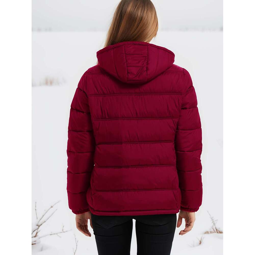 Women S Elegant Casual Long Sleeve Hooded Puffer Jacket Polyester Non Stretch Solid Color With Pockets And Flared Hem